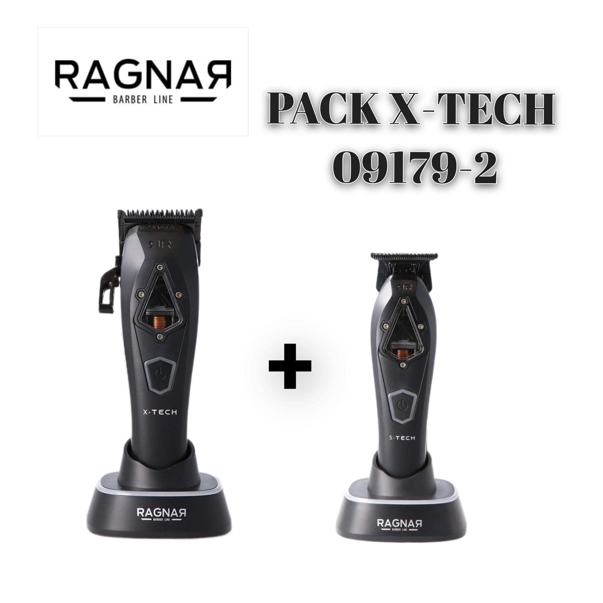 Dois cortadores de cabelo elétricos pretos X-TECH e S-TECH na vertical sobre bases pretas RAGNAR BARBER LINE