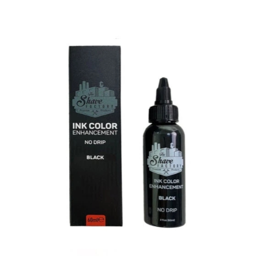 Tinta preta para barba Shave Factory, frasco e caixa com texto