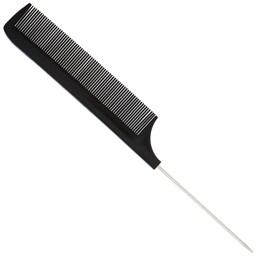 Pente preto com dentes finos e cabo metálico