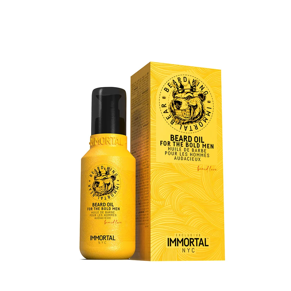 Frasco amarelo de óleo para barba com tampa preta ao lado de caixa amarela com texto preto e logotipo de urso.
