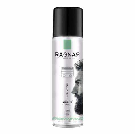 Frasco de spray para barba RAGNAR com tampa preta e imagem de homem de perfil