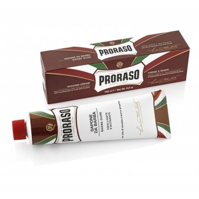 Creme de barbear Proraso em tubo branco com embalagem castanha