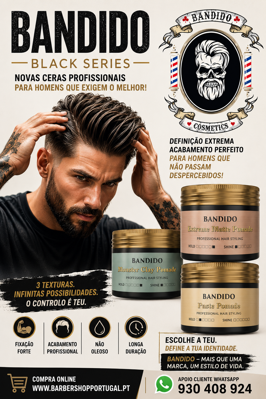 Imagem promocional com três potes de pomada para cabelo da marca BANDIDO e texto descritivo em português.