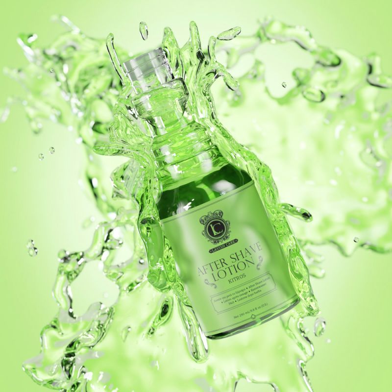 Frasco de loção pós-barba translúcido verde com líquido verde em redor