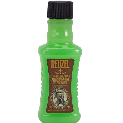 Frasco verde de shampoo Reuzel com tampa preta e rótulo marrom.