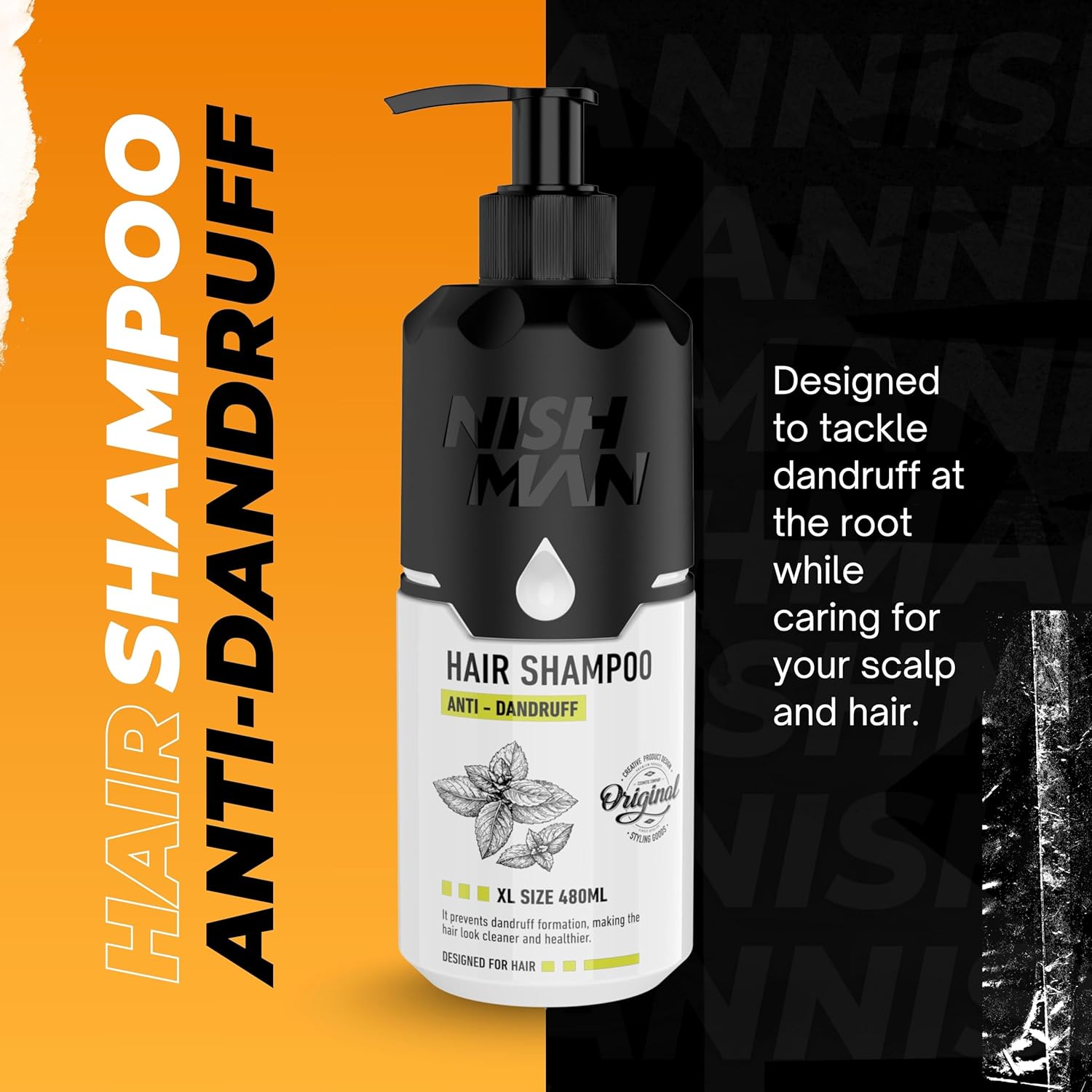 Frasco preto e branco de champô anti-caspa NISH MAN com doseador, texto e imagem de folhas.