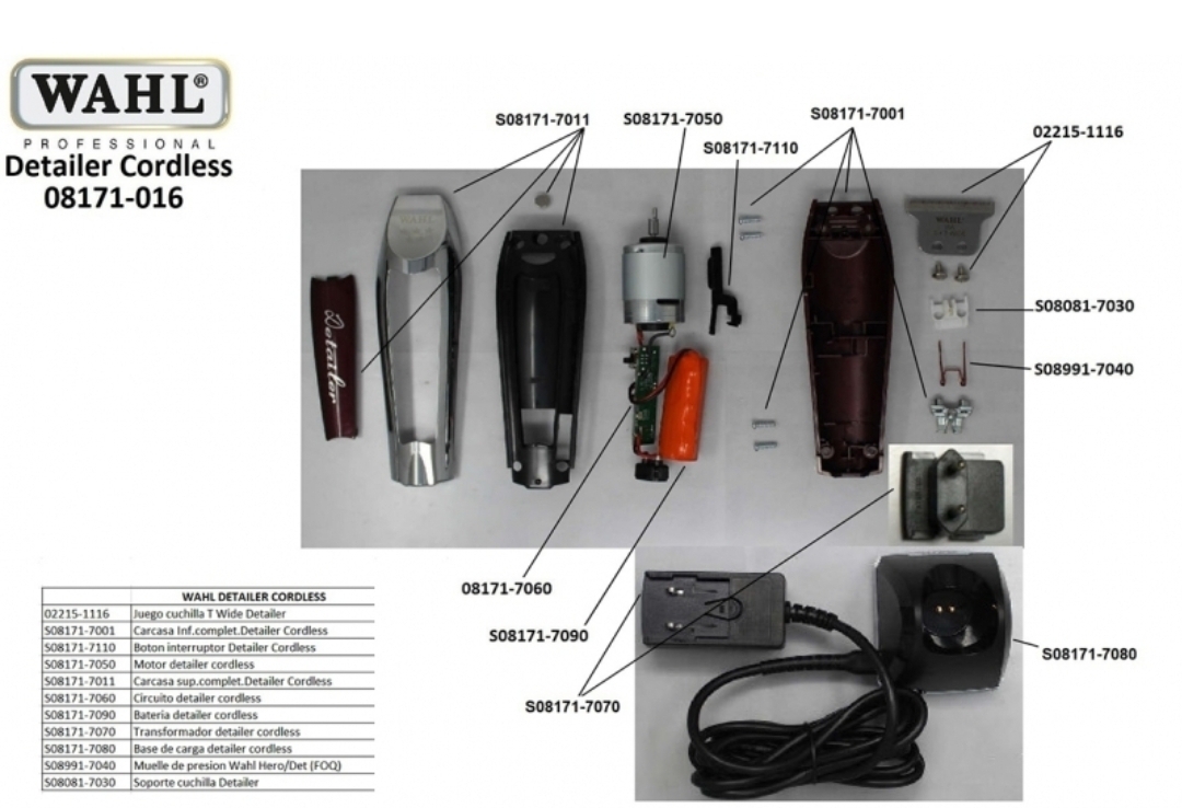 Máquinas de cortar cabelo WAHL Detailer Cordless com componentes e acessórios visíveis