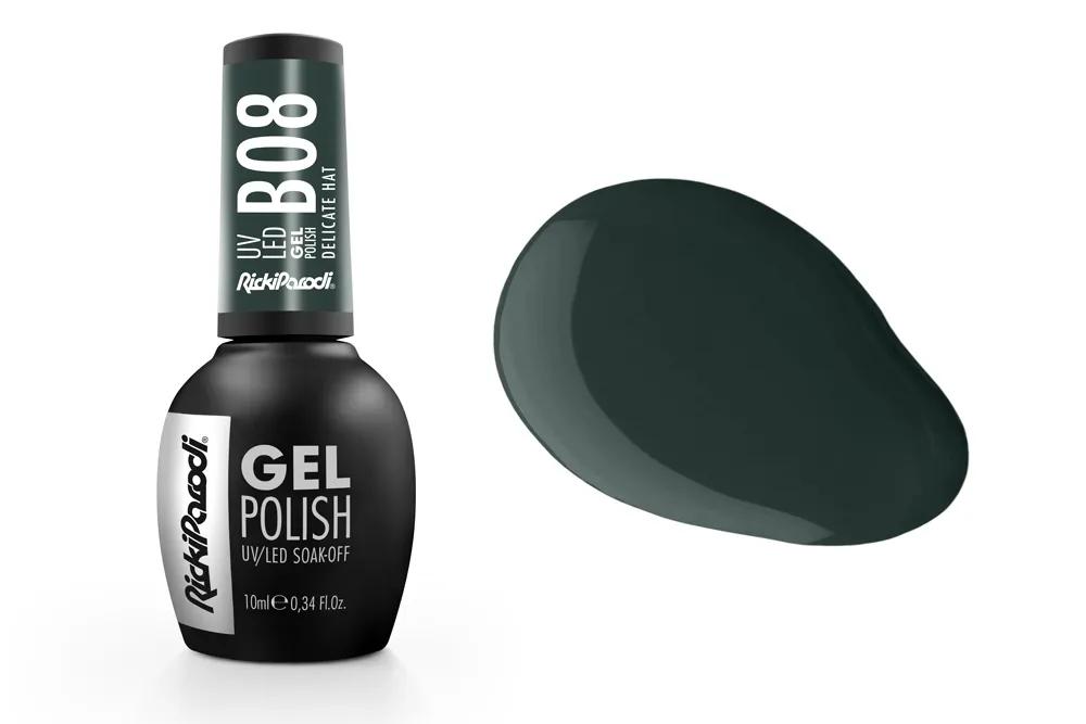 Esmalte de verniz gel preto e verde escuro com texto branco B08 UV SOAK OFF GEL POLISH