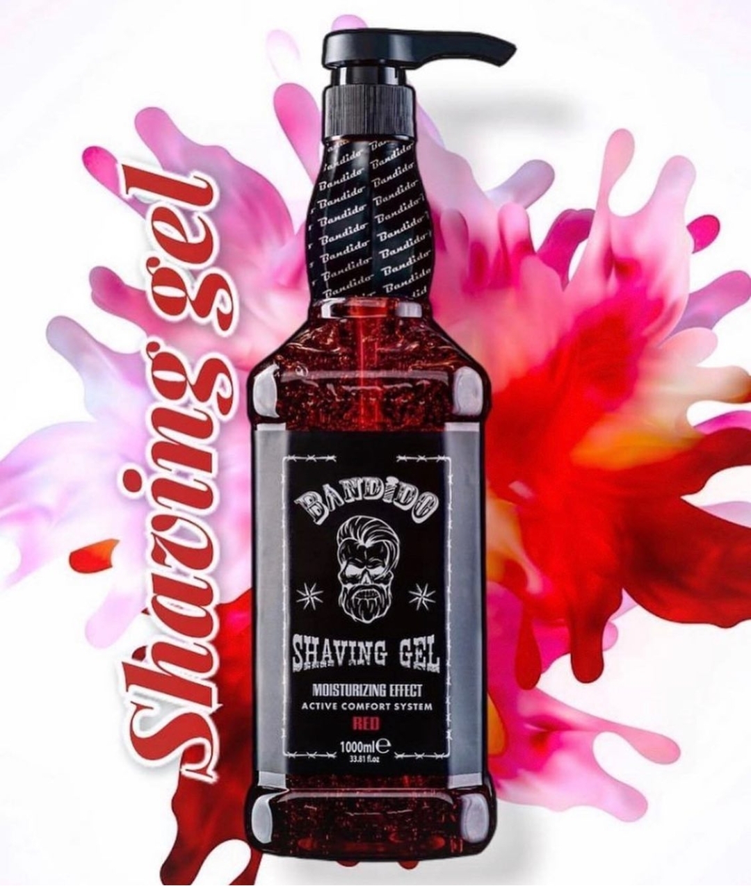 Frasco plástico de gel de barbear Bandido com doseador sobre fundo colorido rosa e vermelho