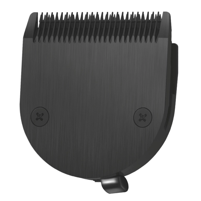 Cabeça de máquina de cortar cabelo preta com dentes e duas presilhas, acabamento escovado.