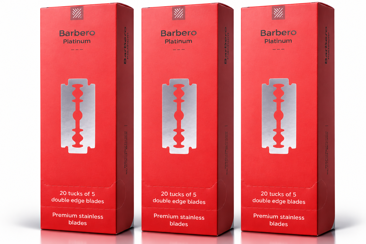 Três caixas vermelhas de lâminas de barbear Barbero Platinum