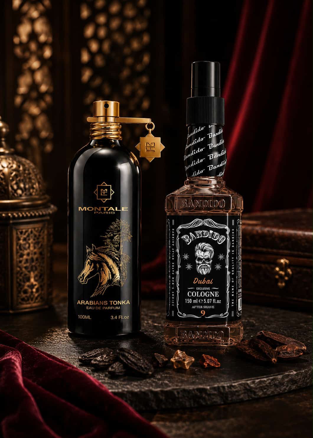 Duas garrafas de perfumes Montale e Bandido sobre superfície escura com decoração vintage.