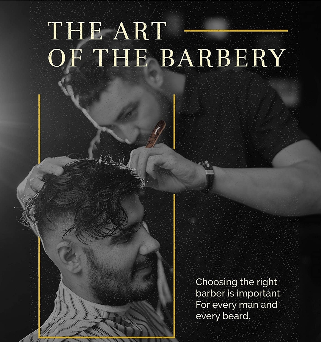 Barbeiro a cortar cabelo a cliente com texto promocional THE ART OF THE BARBERY