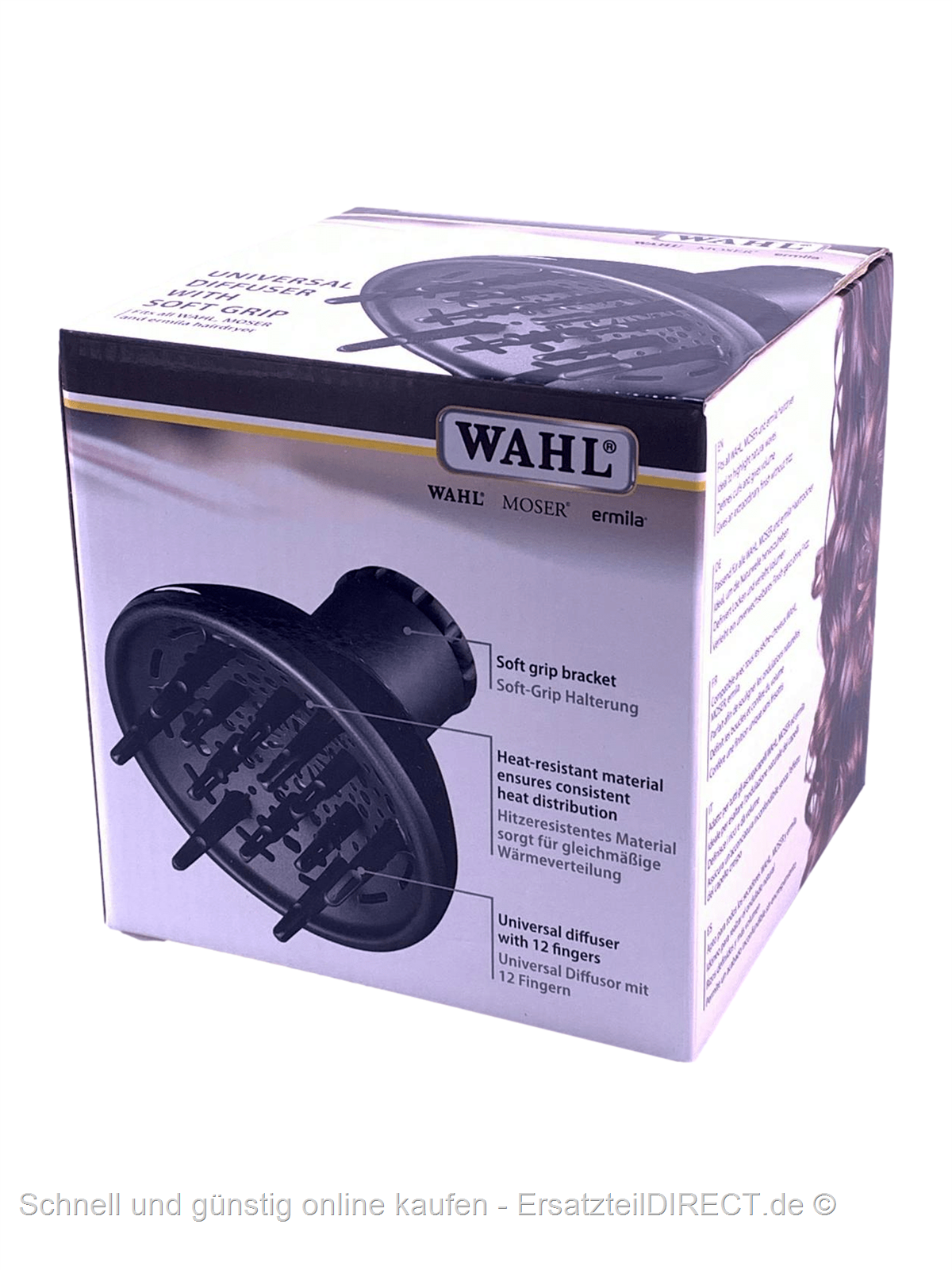 Embalagem de difusor universal Wahl preto para cabelo com texto em inglês e alemão