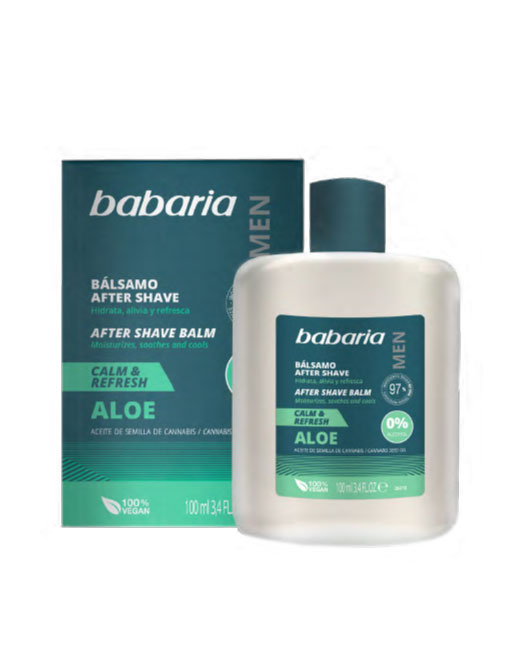 Bálsamo After Shave Babaria Men com embalagem branca e azul, e caixa azul e verde