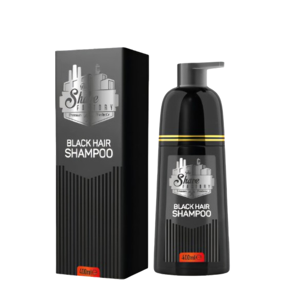 Champô cabelo preto em embalagem e frasco pretos com texto branco e detalhes amarelos