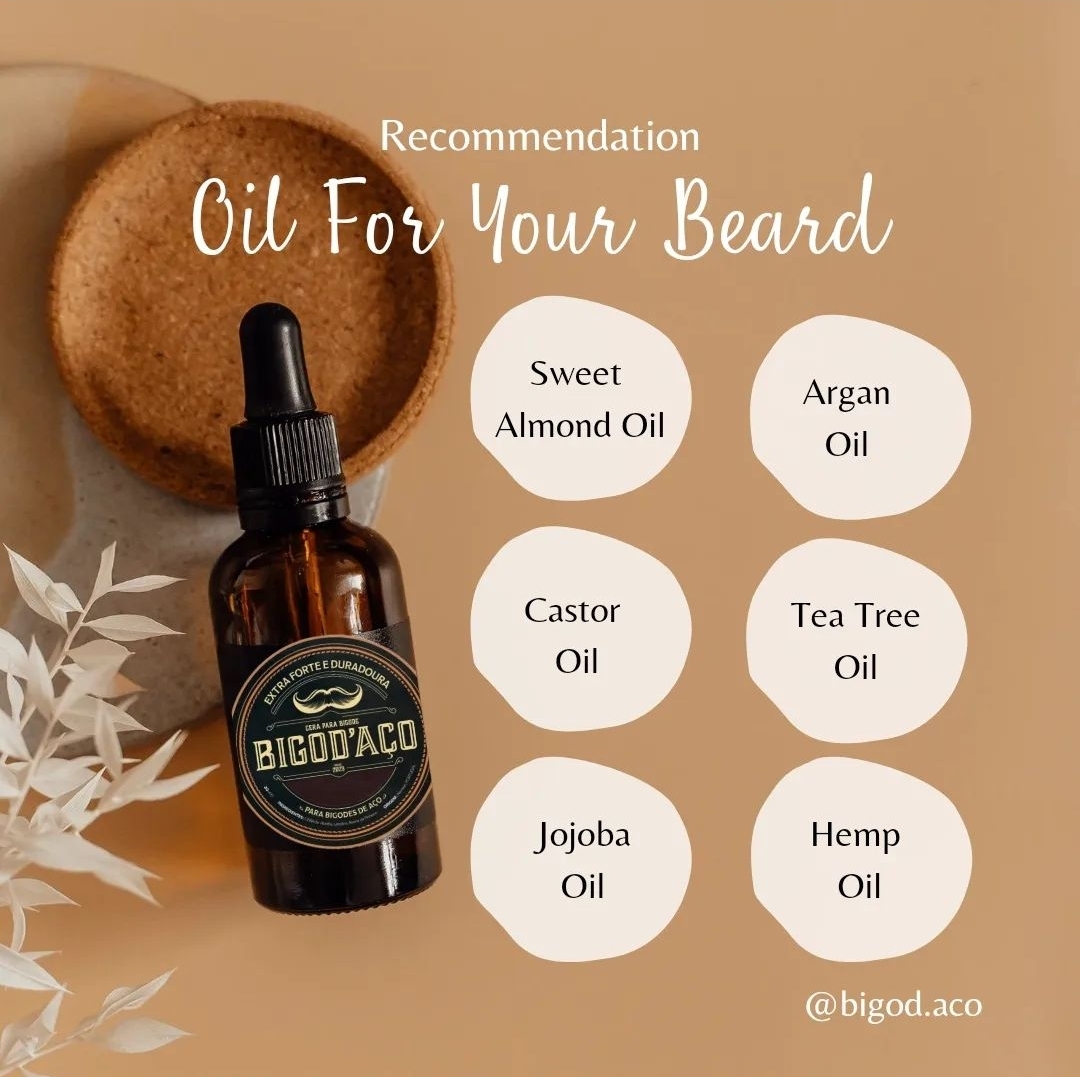 Frasco de óleo para barba Bigodaco com recomendações de óleos complementares em fundo bege