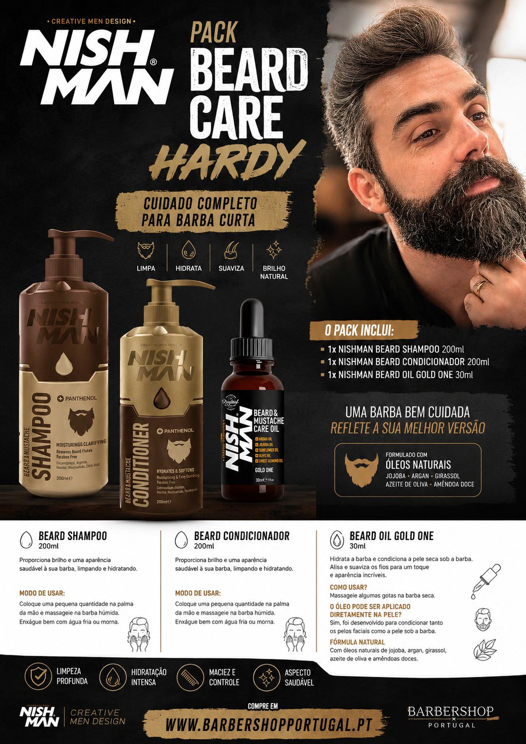 Pack de cuidados para barba Nishman Hardy com shampoo, condicionador e óleo em embalagens douradas e castanhas, texto com instruções e foto de homem com barba densa