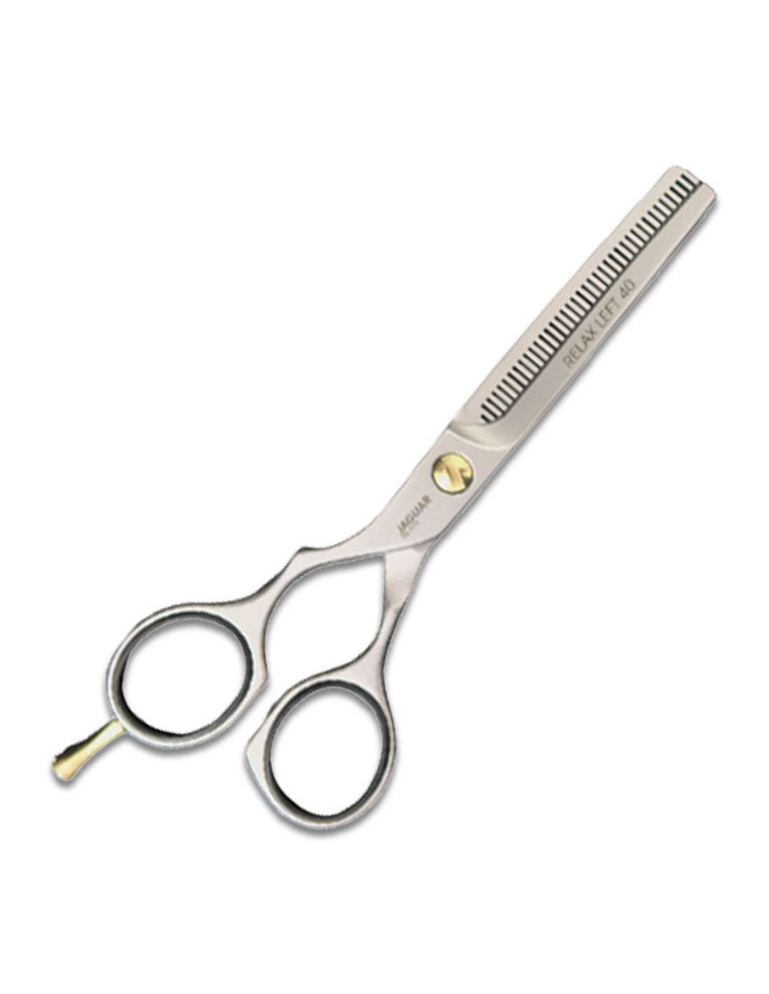 Tesoura de corte de cabelo profissional prateada com lâmina serrilhada e texto RELAX STEEL 40