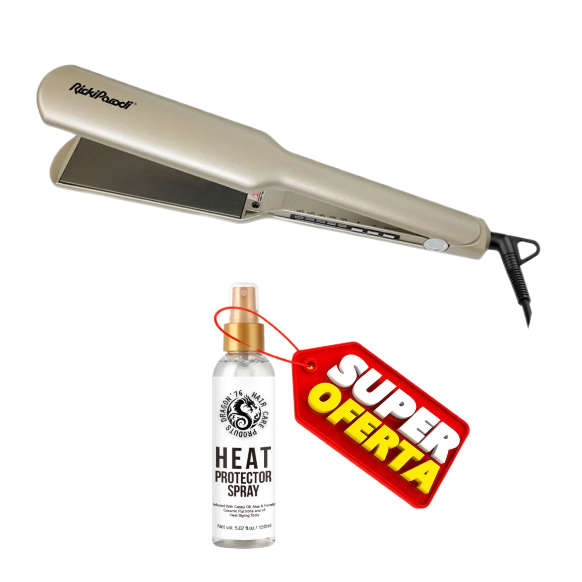 Alisador de cabelo bege RickiParodi e spray protetor térmico para cabelo com etiqueta SUPER OFERTA
