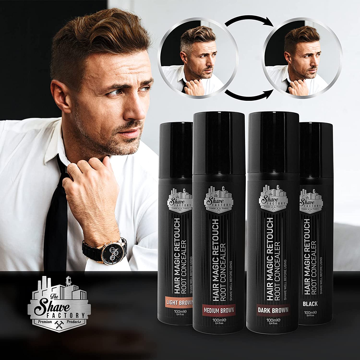 Frascos de spray para retoque capilar Shave Factory em várias cores ao lado de homem vestido de branco.