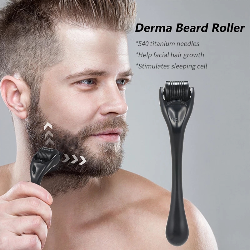 Homem a usar Derma Beard Roller preto para barba, com texto explicativo em fundo cinzento