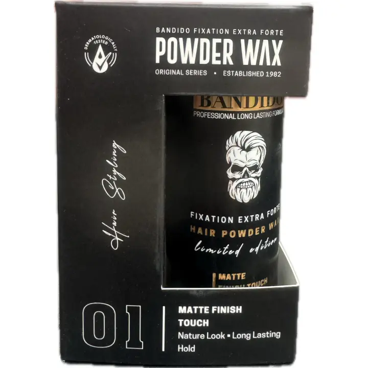 Frasco preto de fixador de cabelo POWDER WIX com embalagem preta e texto em branco e laranja
