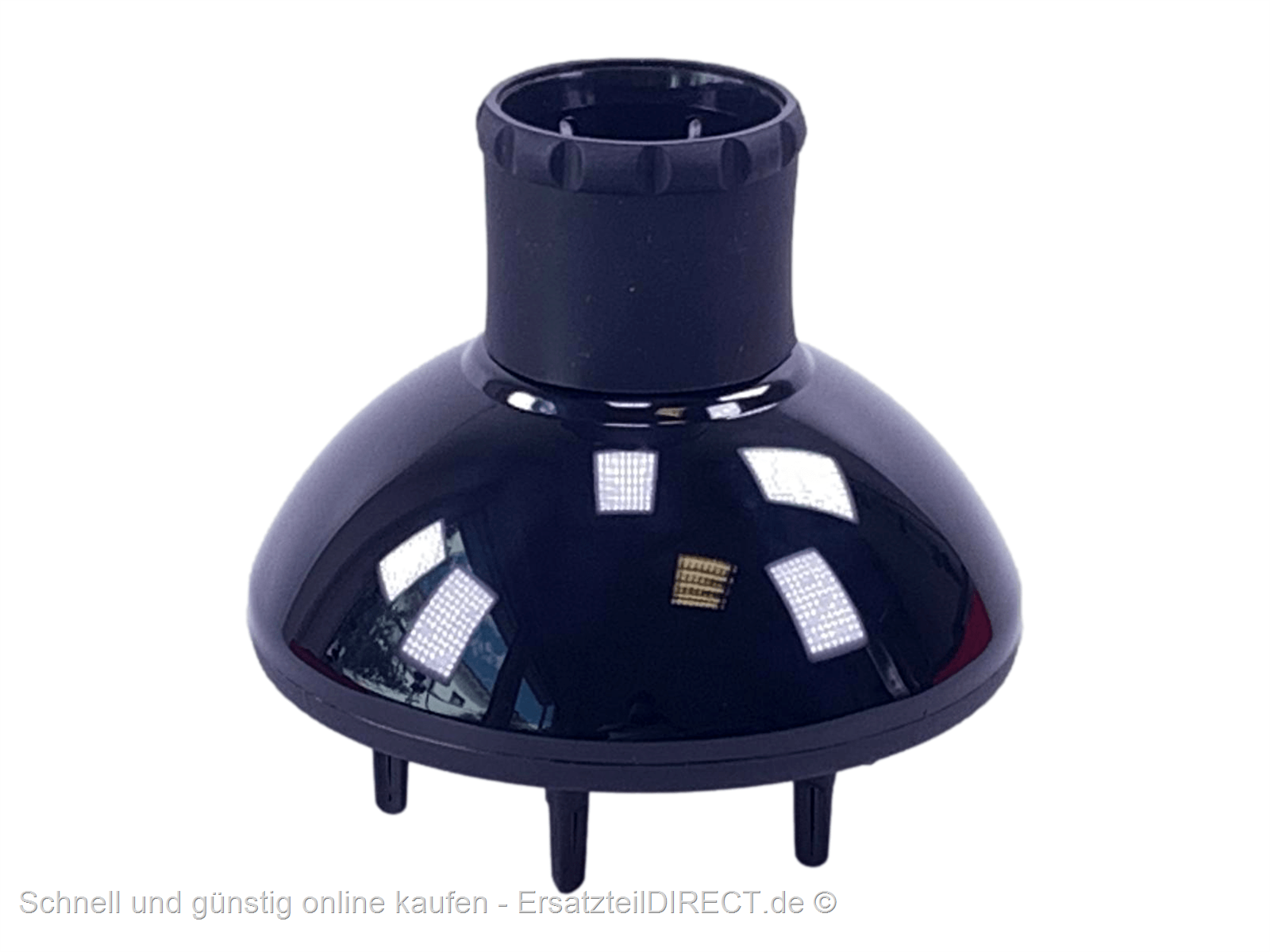 Peça plástica preta com três pinos e superfície brilhante