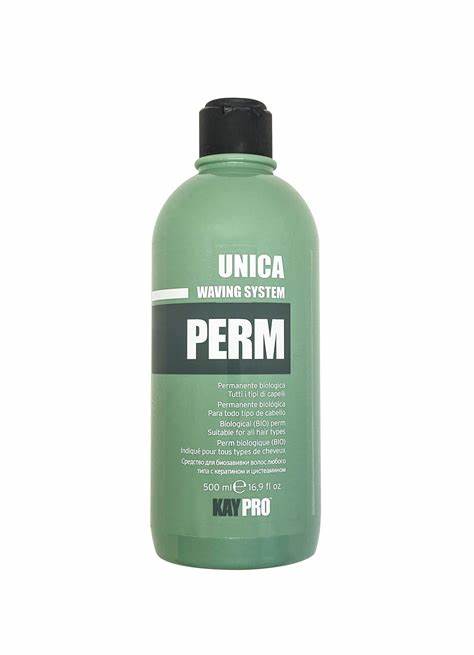 Frasco verde de plástico do produto KAY PRO UNICA WAVING SYSTEM PERM 500 ml com tampa preta