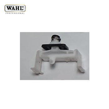 Suporte ou peça plástica branca com metal e borracha pretos, acessório, fundo branco