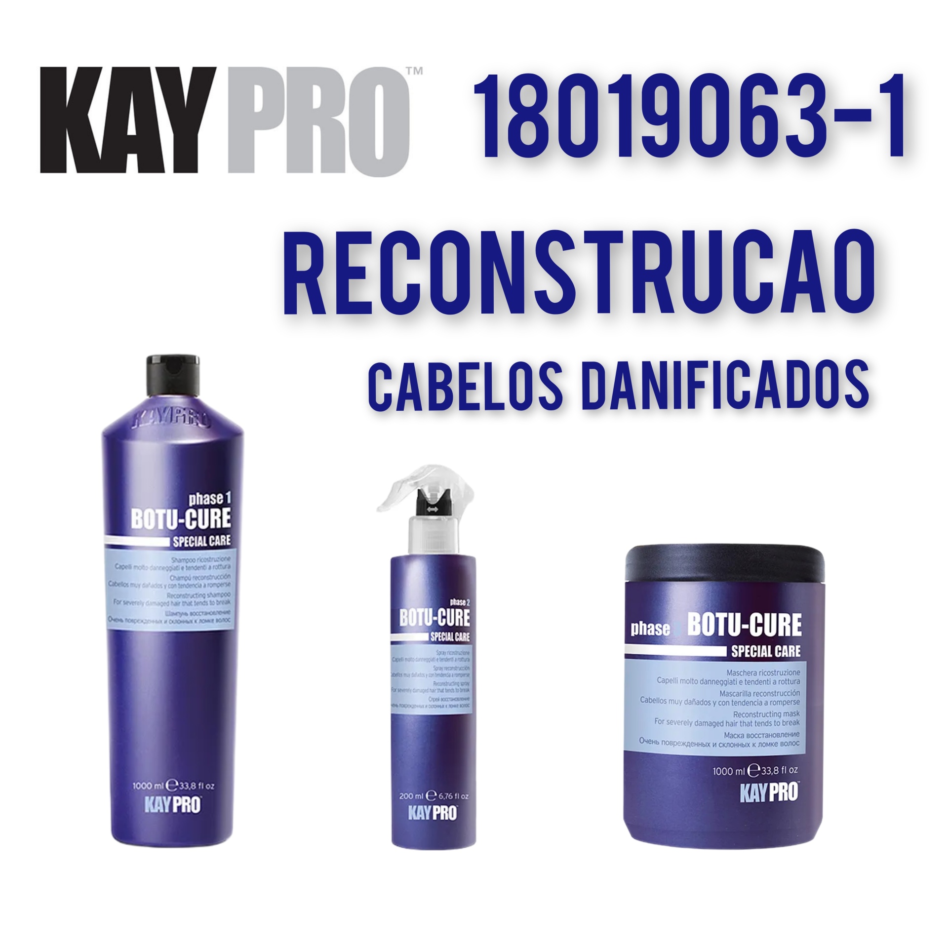 Produtos KayPro Botu-Cure para reconstrução capilar em embalagens azuis e roxas