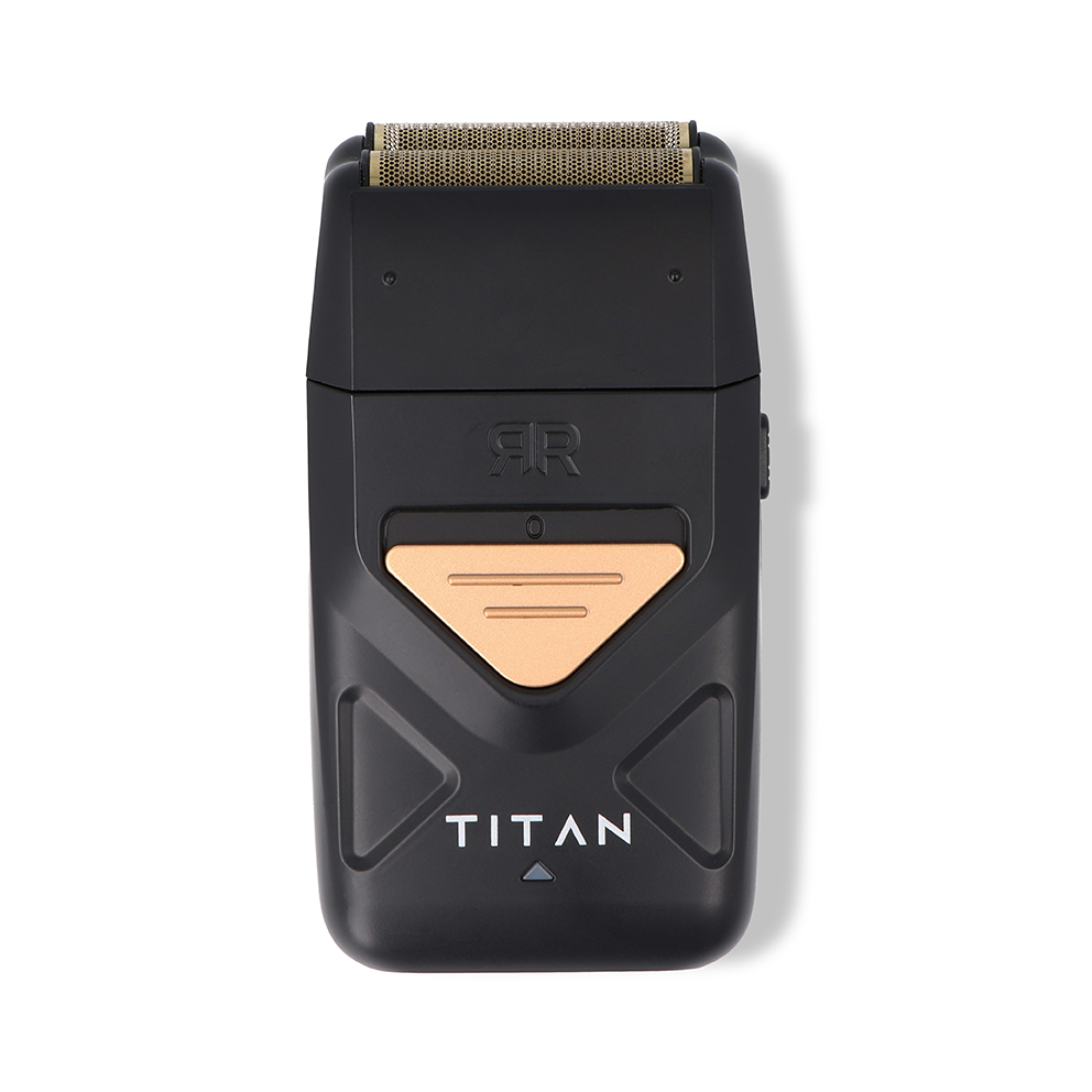 Aparelho de barbear elétrico preto com detalhes dourados e texto TITAN
