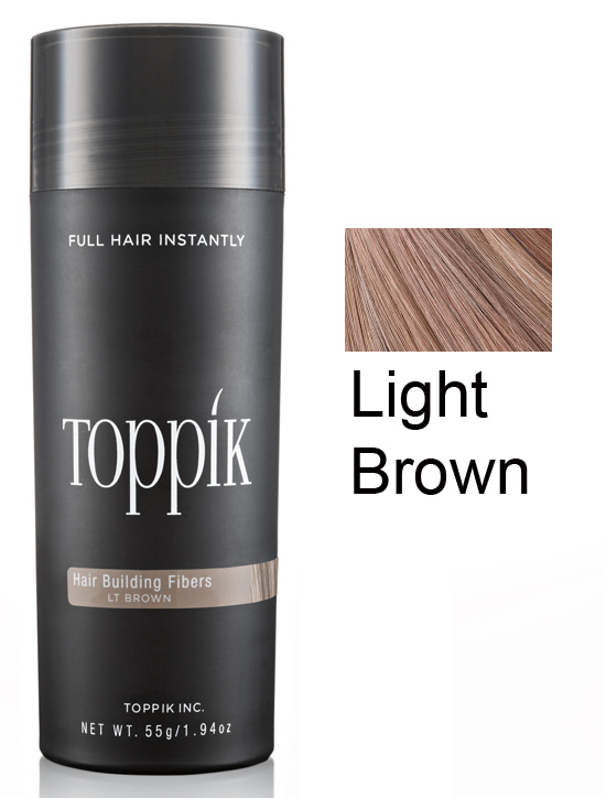 Frasco preto do produto Toppik Hair Building Fibers cor Light Brown com imagem da cor do produto
