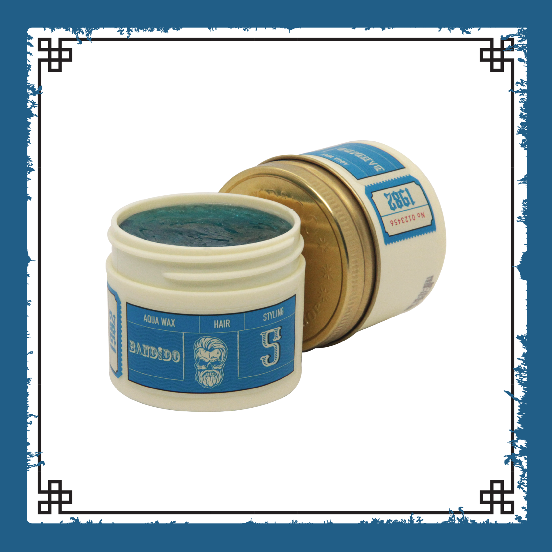 Pote aberto de cera de cabelo azul RAIDOOG com tampa dourada e rótulo azul e branco