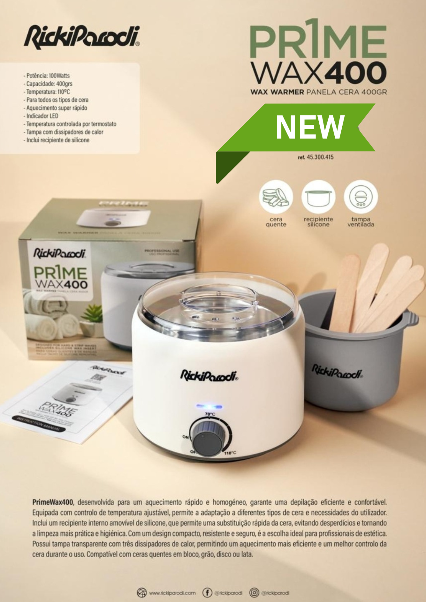 Aquecedor de cera PR1ME WAX400 branco com recipiente cinzento e espátulas de madeira