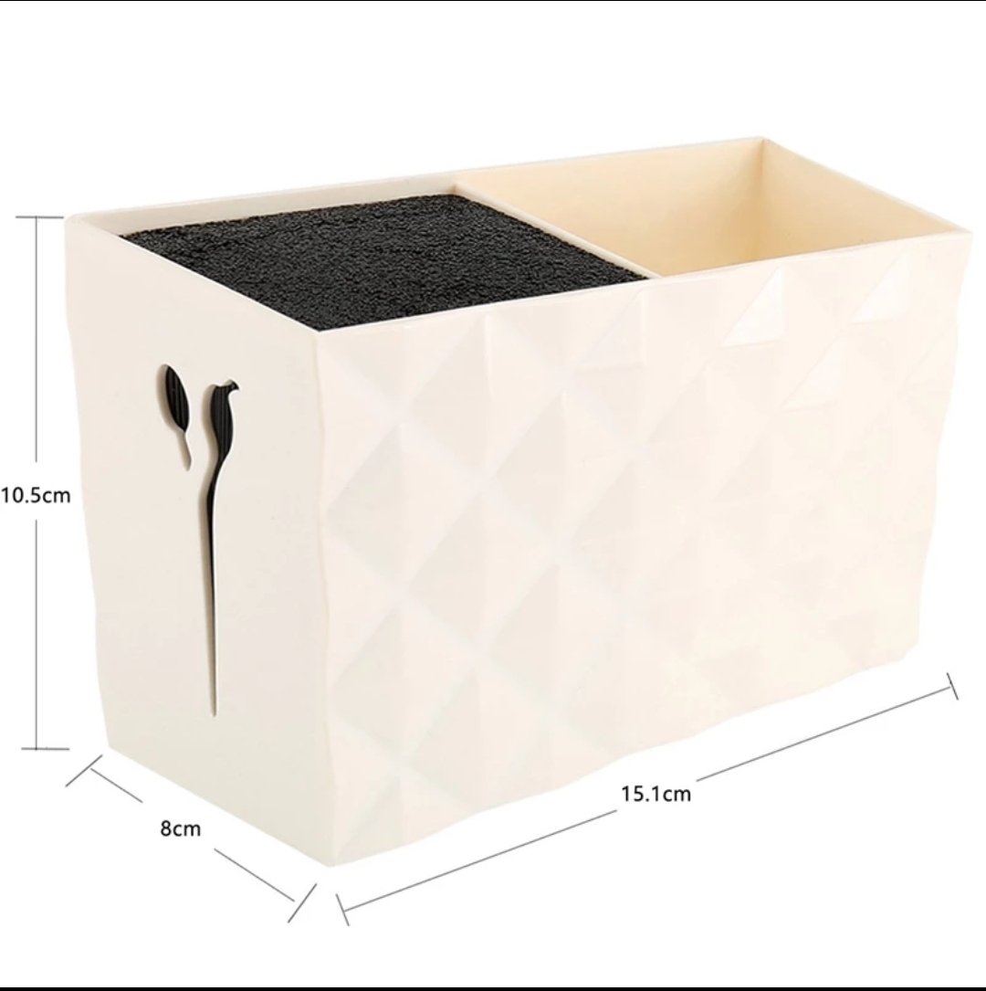 Organizador de utensílios de cozinha em plástico creme com compartimento para facas preto