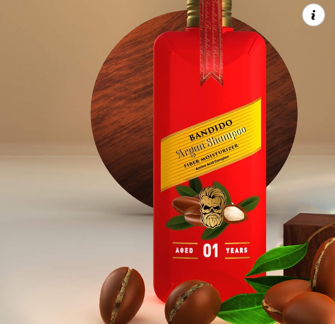 Embalagem vermelha de shampoo Bandido com rótulo amarelo e frutos de argão