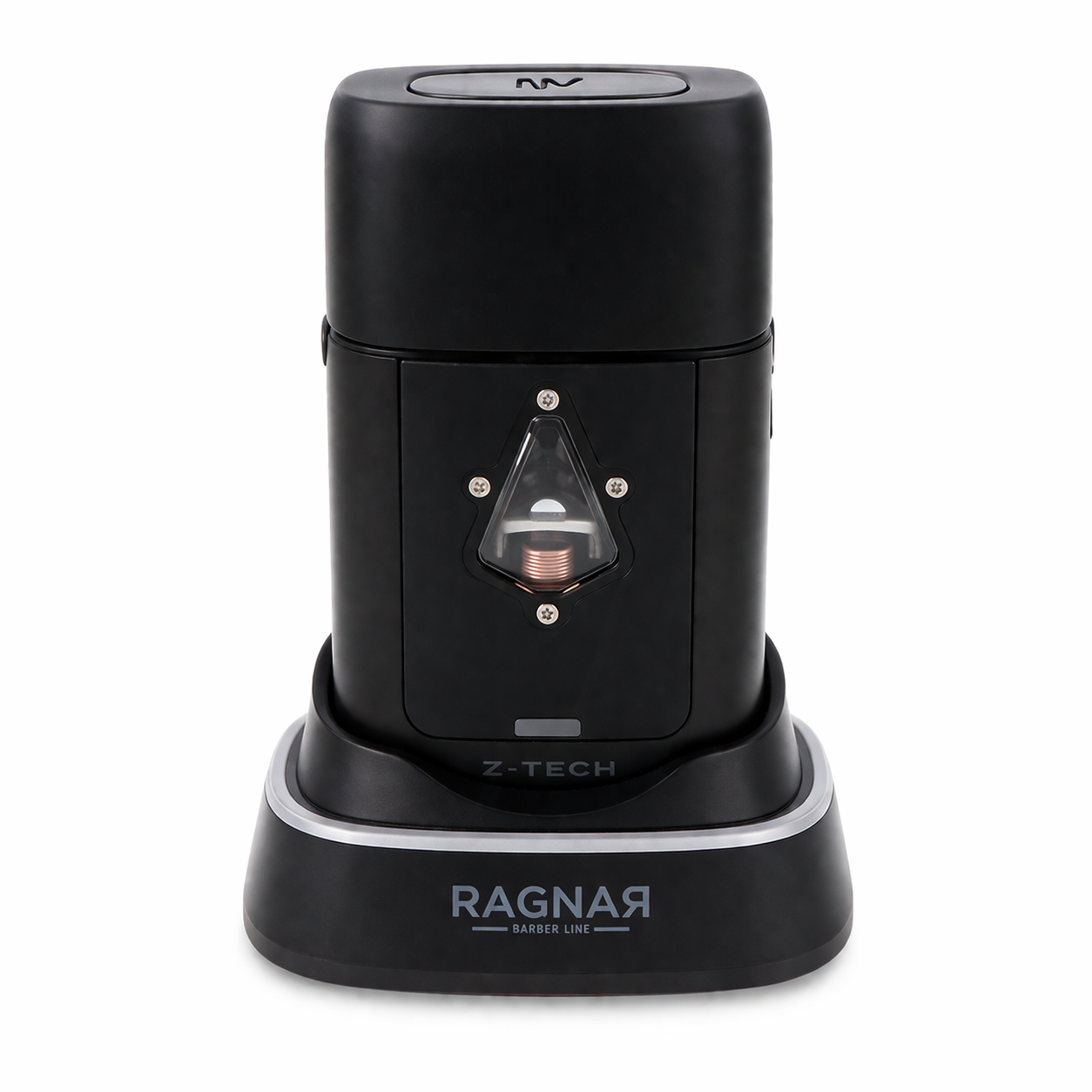 Aparelho eletrônico preto com base e janela triangular com bobina de cobre, texto Z-TECH e RAGNAR BARBER LINE