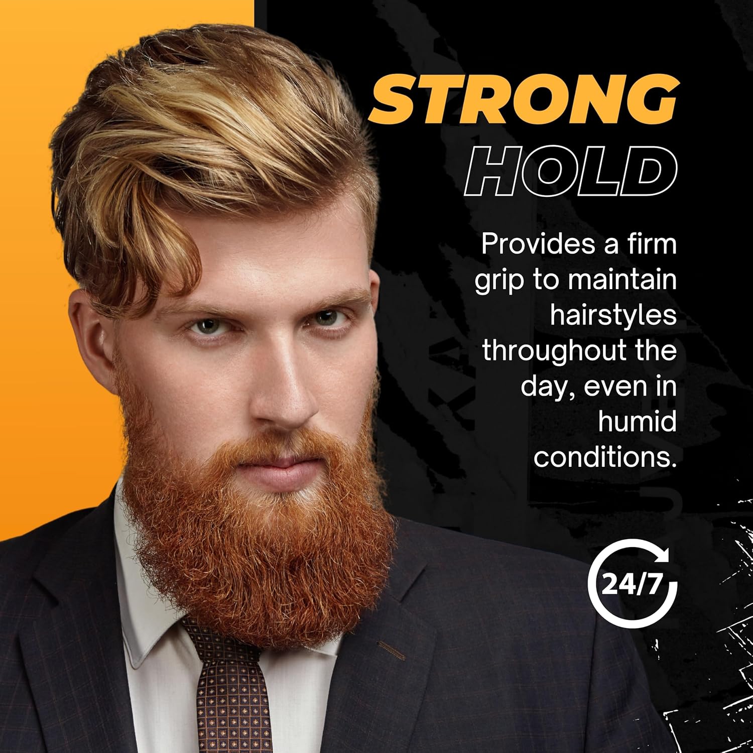 Homem com cabelo loiro e barba ruiva vestido formal com texto promocional de fixação forte