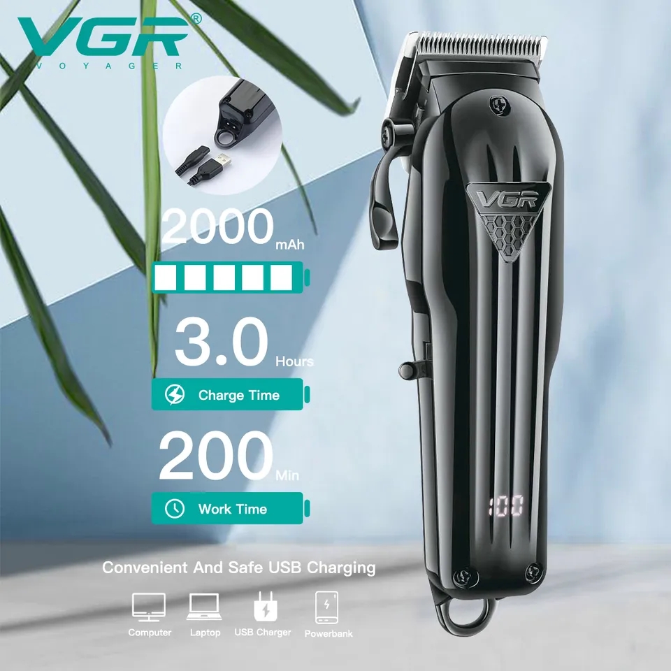 Máquina de cortar cabelo preta VGR VOYAGER com visor digital e carregamento USB