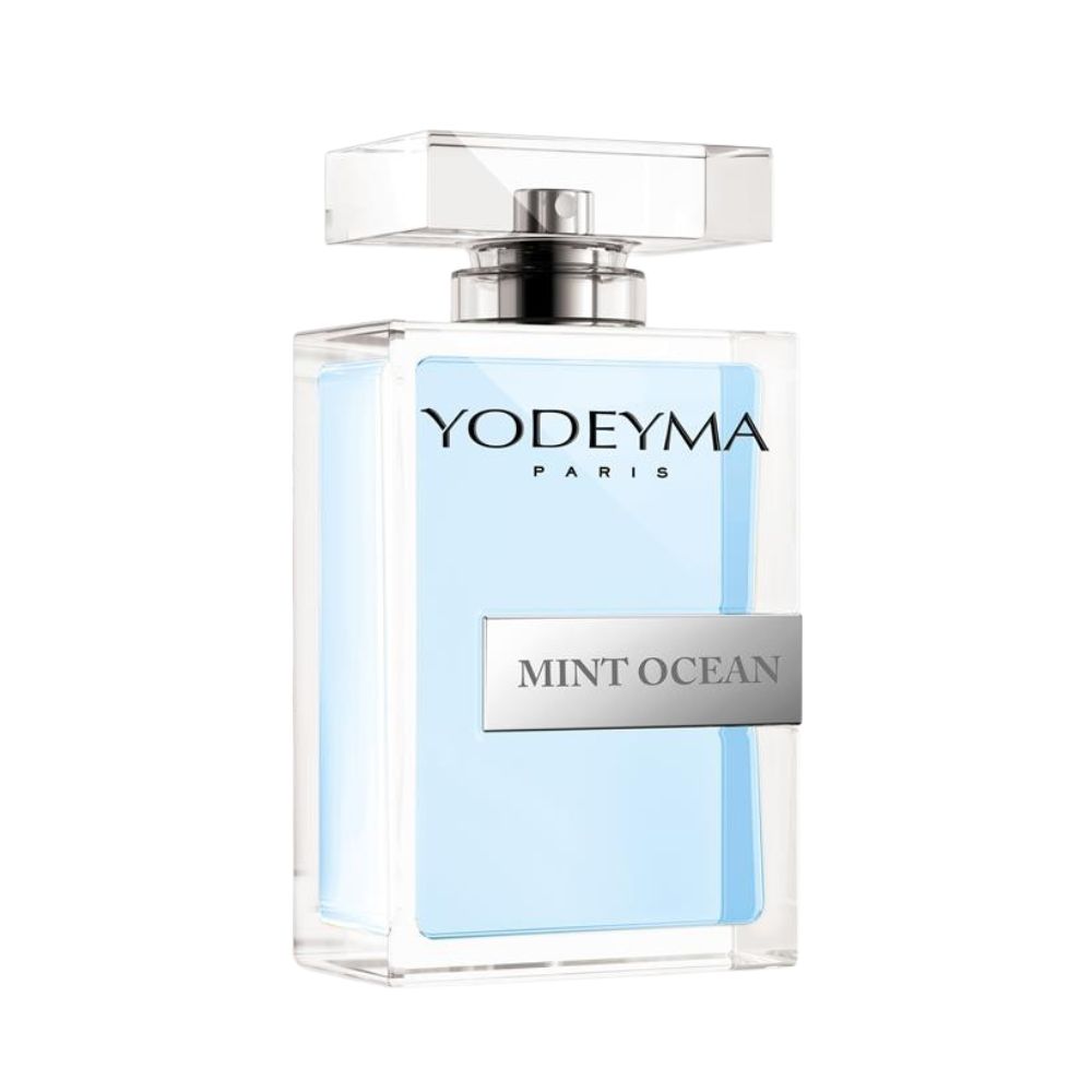 Frasco de perfume YODEYMA PARIS MINT OCEAN transparente com líquido azul claro