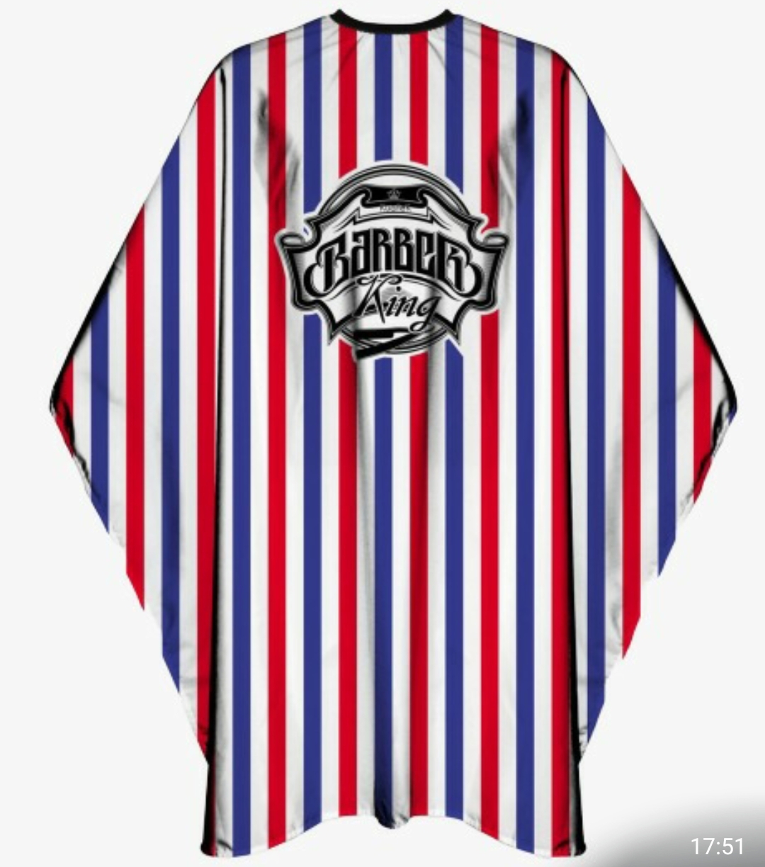 Capa para barbeiro com listras vermelhas, brancas e azuis e logotipo Barber King