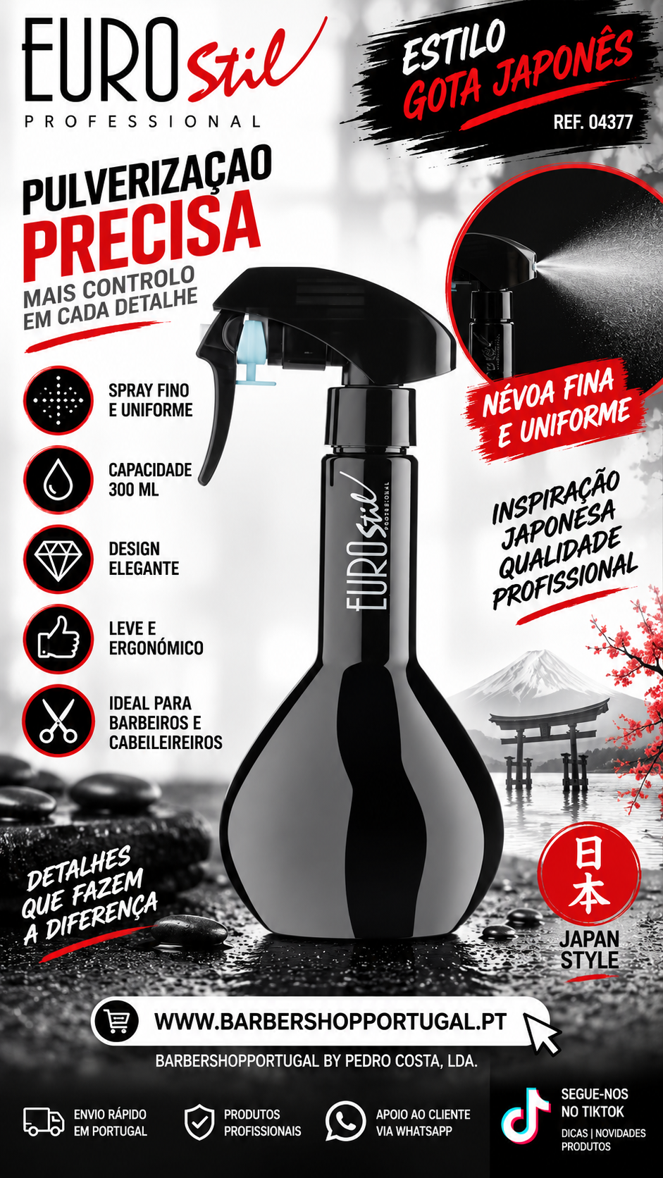 Frasco pulverizador preto Eurostil Professional com texto e grafismos em português e japonês