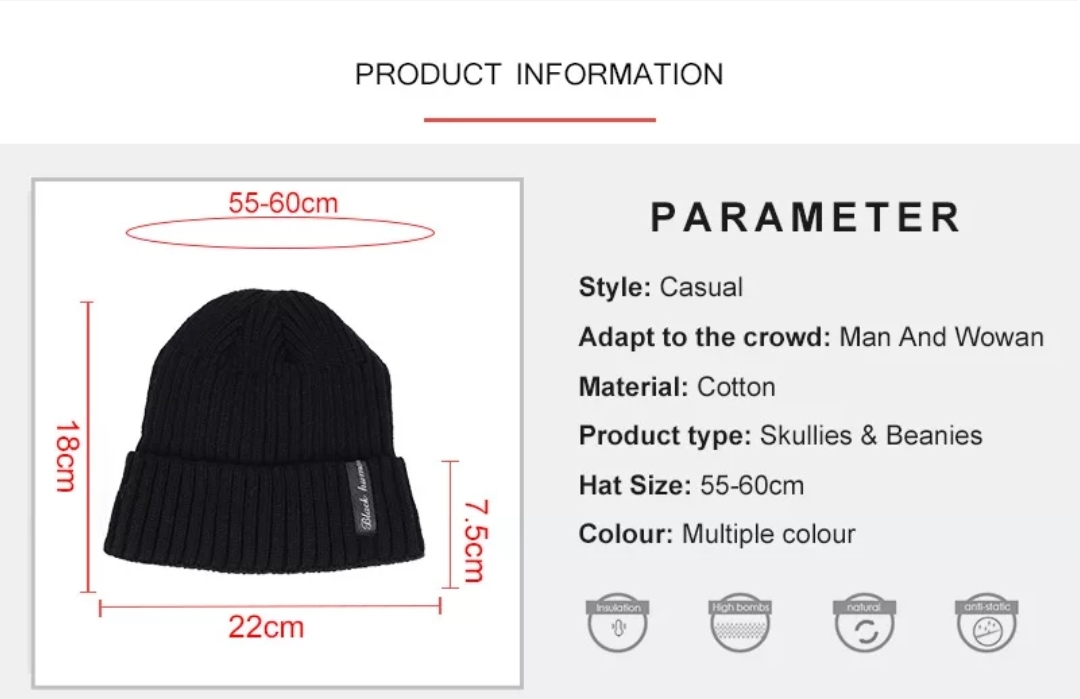 Gorro preto casual em algodão com medidas e descrição de produto