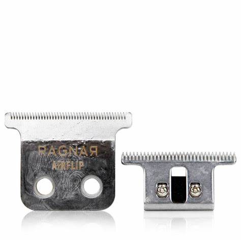 Dois cabeçotes de lâminas de aparar cabelo em metal com gravação e dentes finos