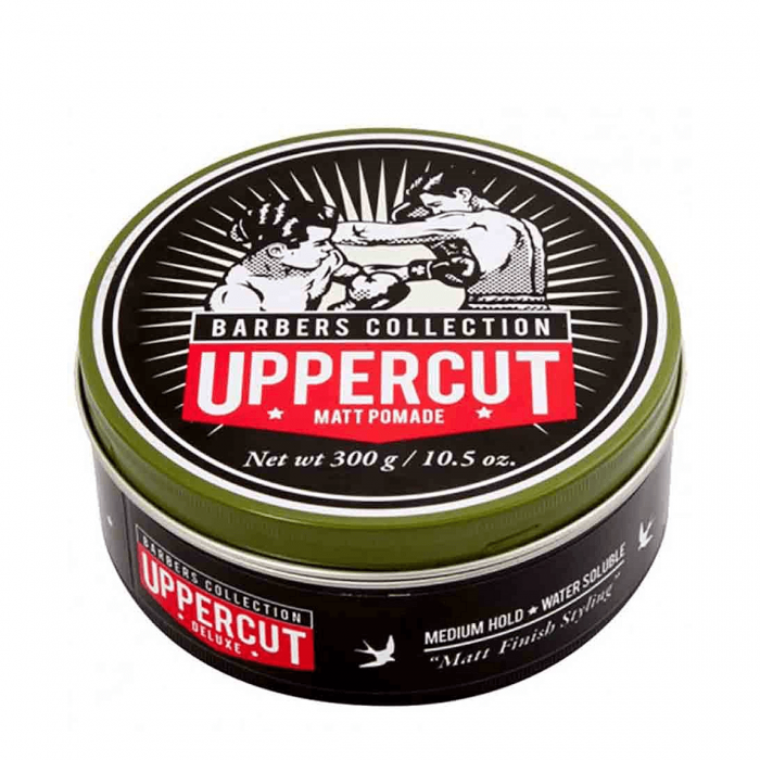 Pote de pomada para cabelo Uppercut Barbers Collection com design vintage e cores preto, vermelho e verde