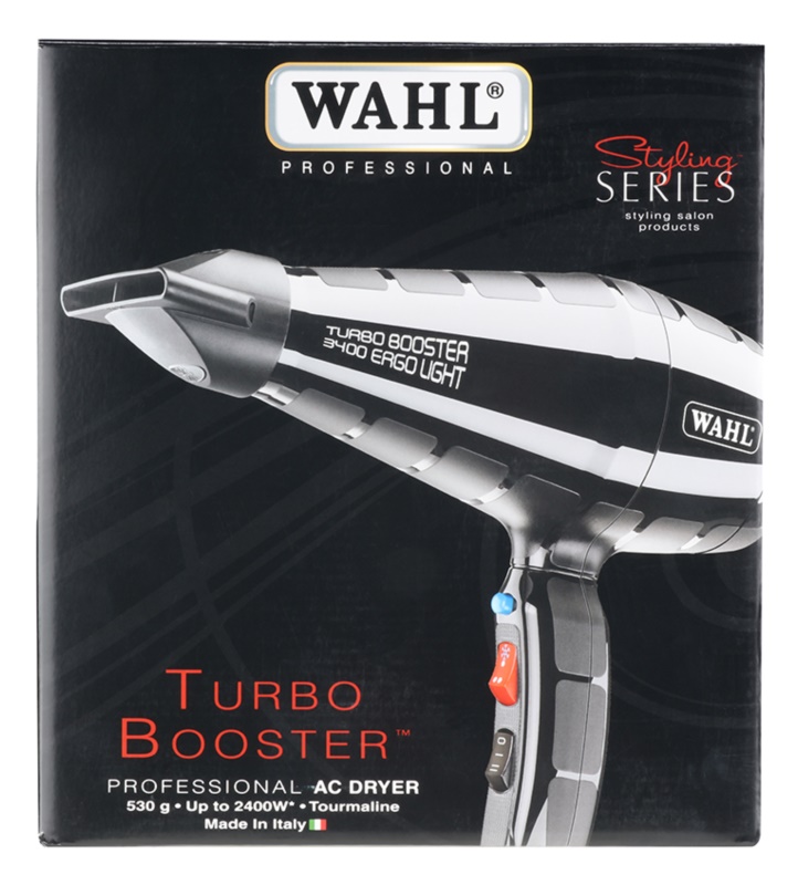 Embalagem de secador de cabelo profissional preto e branco WAHL Turbo Booster
