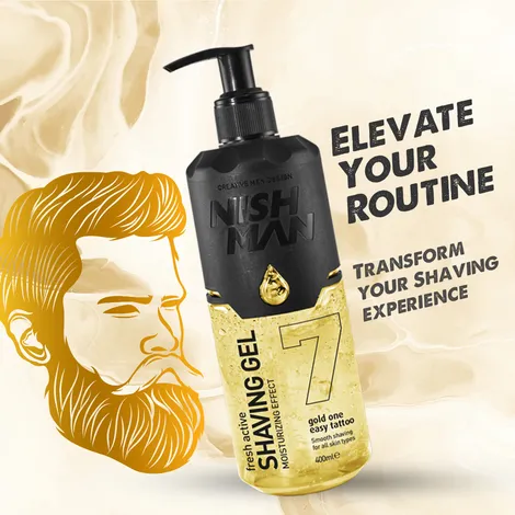 Frasco de gel de barbear NISH MAN com ilustração de rosto masculino e texto promocional em fundo bege