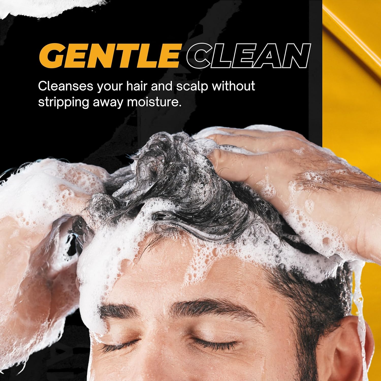 Homem a lavar cabelo com espuma branca e texto promocional