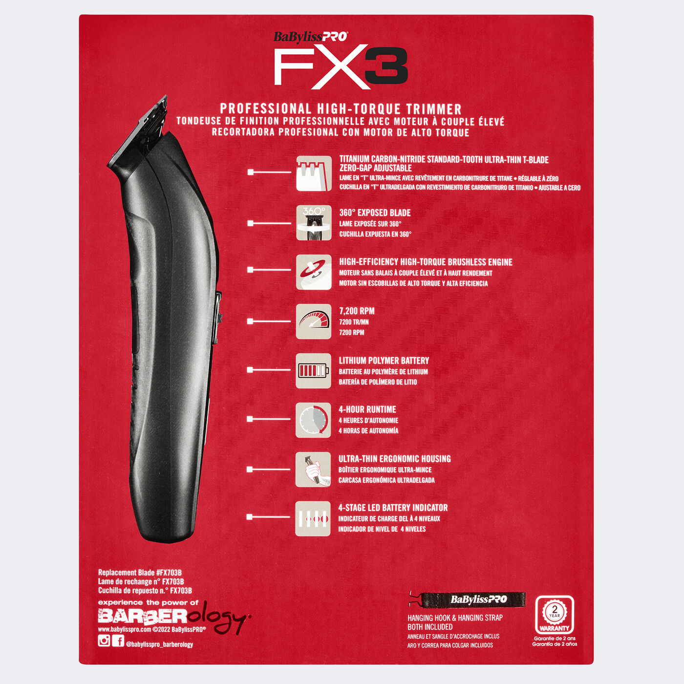 Embalagem vermelha do aparador de cabelo profissional BABYLISS PRO FX3 com texto descritivo